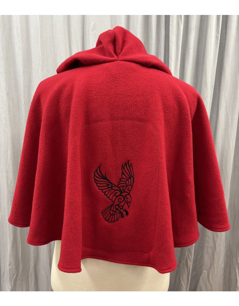 Cloakmakers.com 5442 - Washable Red Wool Ruana W/ Black Velvet Hood Lining, Black Raven Embroidery, Pockets