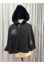 Cloakmakers.com 5446 - Washable Short Shaped Shoulder Black Wool Cloak w/ Purple Velvet Hood Lining, Compass Embroideries, Pockets