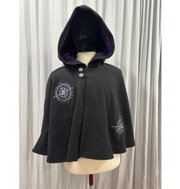 Cloakmakers.com 5446 - Washable Short Shaped Shoulder Black Wool Cloak w/ Purple Velvet Hood Lining, Compass Embroideries, Pockets