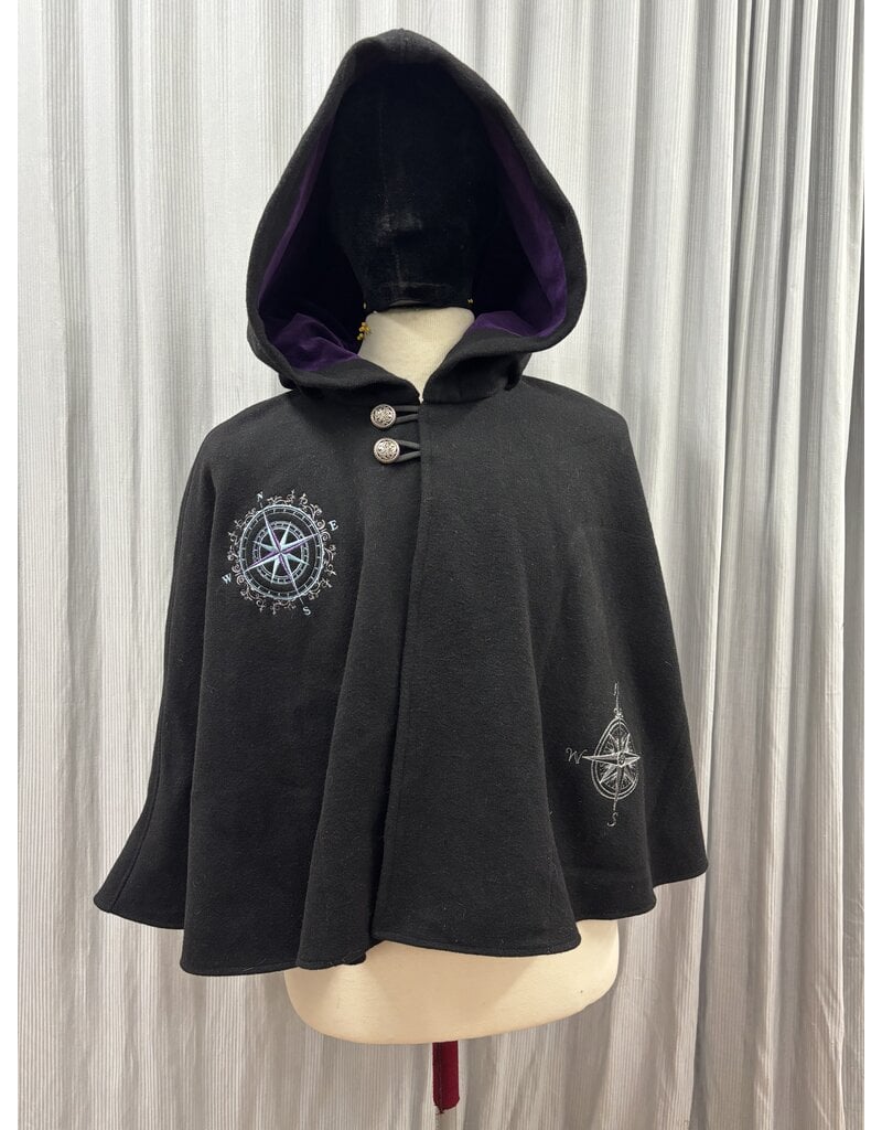 Cloakmakers.com 5446 - Washable Short Shaped Shoulder Black Wool Cloak w/ Purple Velvet Hood Lining, Compass Embroideries, Pockets