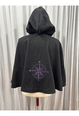 Cloakmakers.com 5446 - Washable Short Shaped Shoulder Black Wool Cloak w/ Purple Velvet Hood Lining, Compass Embroideries, Pockets