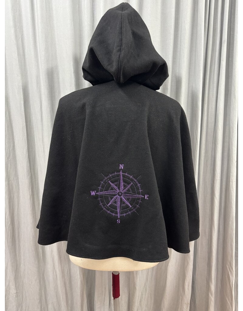 Cloakmakers.com 5446 - Washable Short Shaped Shoulder Black Wool Cloak w/ Purple Velvet Hood Lining, Compass Embroideries, Pockets
