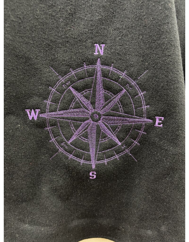Cloakmakers.com 5446 - Washable Short Shaped Shoulder Black Wool Cloak w/ Purple Velvet Hood Lining, Compass Embroideries, Pockets