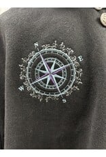 Cloakmakers.com 5446 - Washable Short Shaped Shoulder Black Wool Cloak w/ Purple Velvet Hood Lining, Compass Embroideries, Pockets