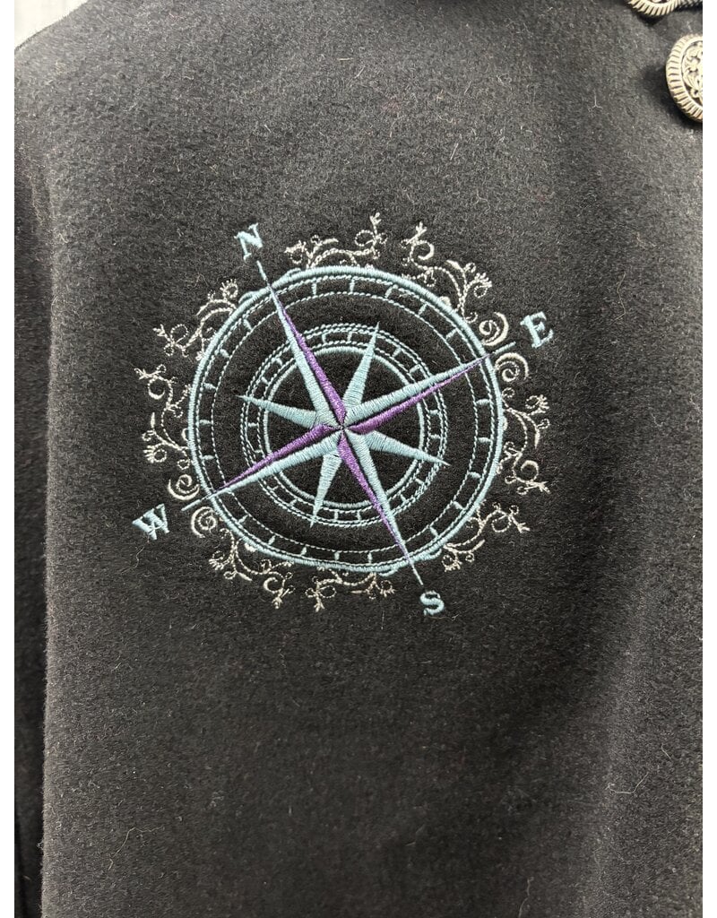 Cloakmakers.com 5446 - Washable Short Shaped Shoulder Black Wool Cloak w/ Purple Velvet Hood Lining, Compass Embroideries, Pockets