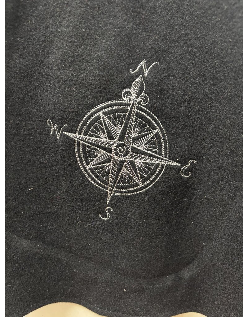 Cloakmakers.com 5446 - Washable Short Shaped Shoulder Black Wool Cloak w/ Purple Velvet Hood Lining, Compass Embroideries, Pockets