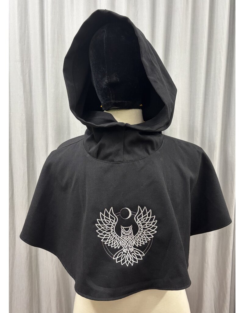 Cloakmakers.com H421 - Washable Black 100% Wool Hooded Cowl W/Owl Embroidery