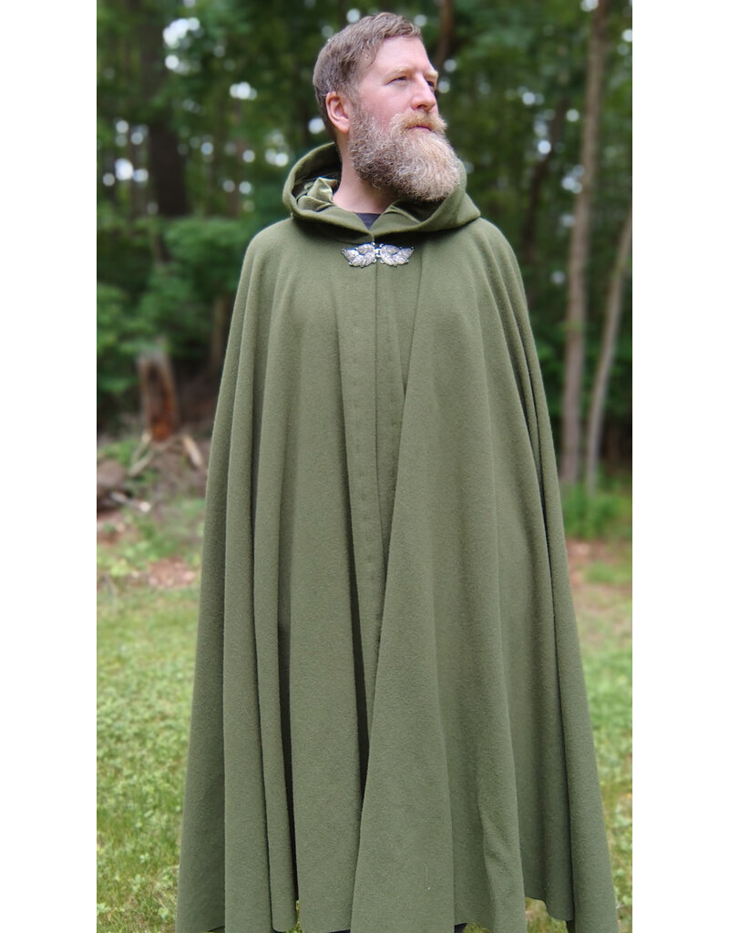 Cloakmakers.com 5703-Washable Green Wool Cloak w/ Green Velveteen Hood Lining & Multi-Leaf Clasp