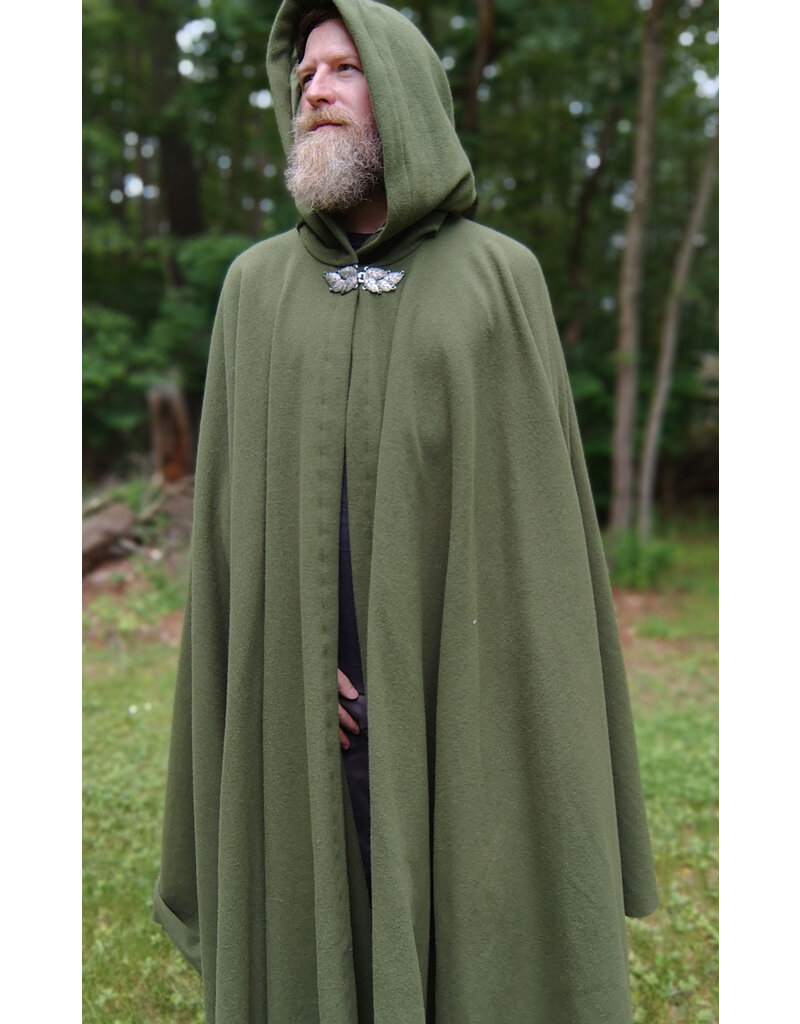 Cloakmakers.com 5703-Washable Green Wool Cloak w/ Green Velveteen Hood Lining & Multi-Leaf Clasp