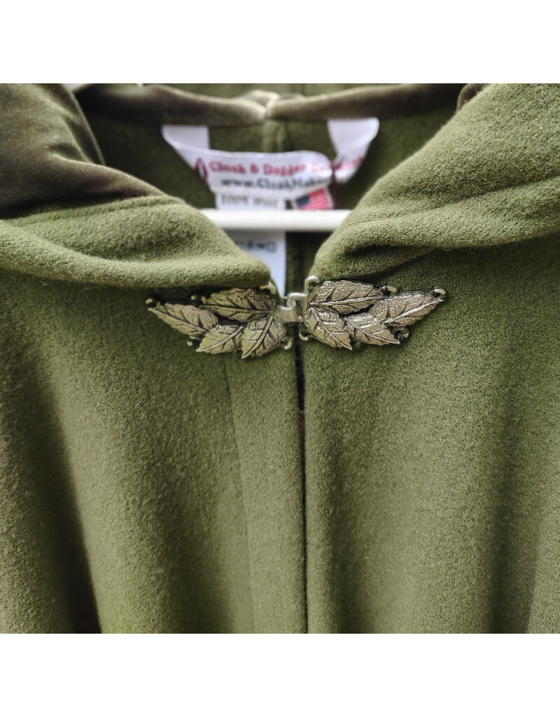 Cloakmakers.com 5703-Washable Green Wool Cloak w/ Green Velveteen Hood Lining & Multi-Leaf Clasp