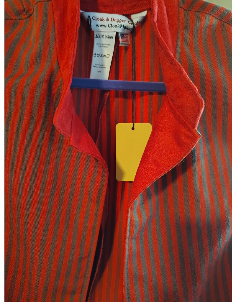 Cloakmakers.com J893-Washable Red & Grey Striped Vest w/ Red Faux Suede Trim & Pockets