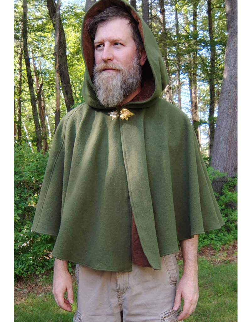 Cloakmakers.com 5707-Washable Green Wool Cloak w/ Brown Leaf Hood Lining & Gold Clasp