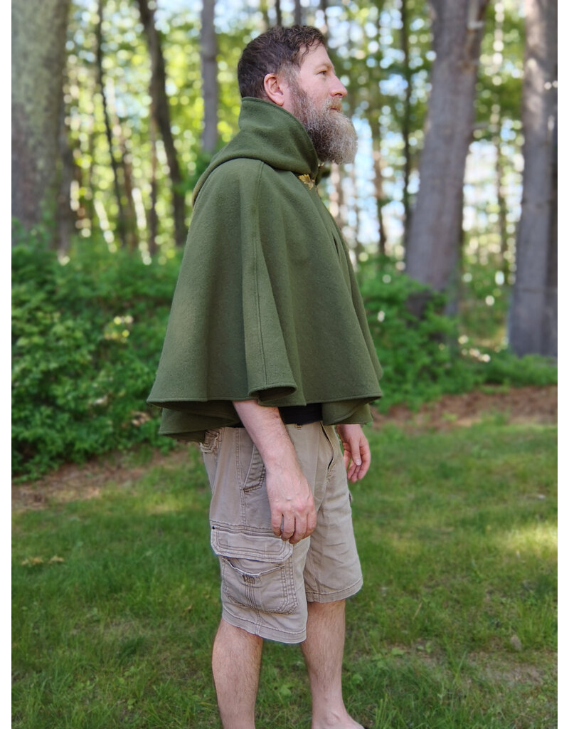 Cloakmakers.com 5707-Washable Green Wool Cloak w/ Brown Leaf Hood Lining & Gold Clasp