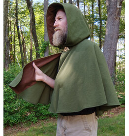 Cloakmakers.com 5707-Washable Green Wool Cloak w/ Brown Leaf Hood Lining & Gold Clasp