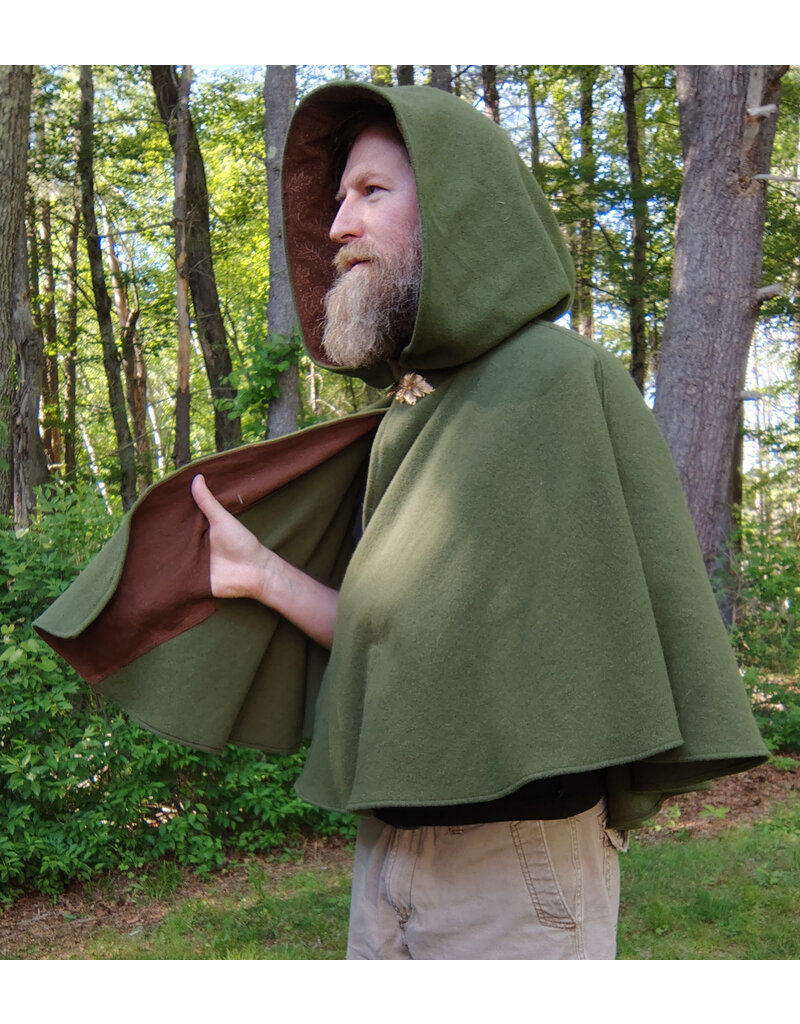 Cloakmakers.com 5707-Washable Green Wool Cloak w/ Brown Leaf Hood Lining & Gold Clasp