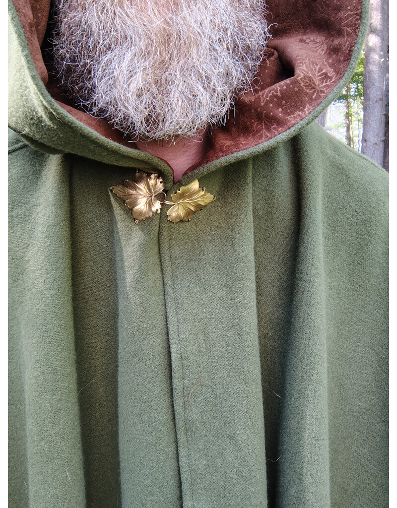Cloakmakers.com 5707-Washable Green Wool Cloak w/ Brown Leaf Hood Lining & Gold Clasp