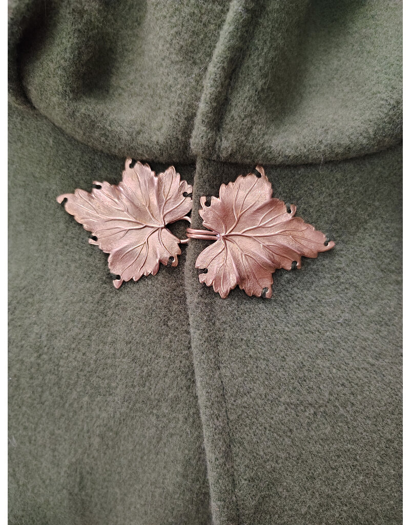 Cloakmakers.com 5707-Washable Green Wool Cloak w/ Brown Leaf Hood Lining & Gold Clasp