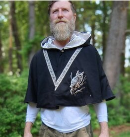 Cloakmakers.com 5711-Washable Black Wool Blend Cloak w/ Owl Embroidery & Buttons