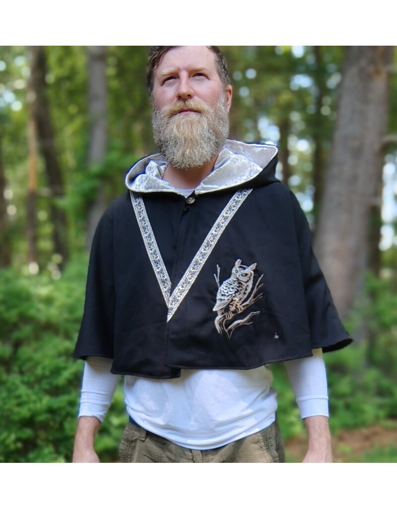 Cloakmakers.com 5711-Washable Black Wool Blend Cloak w/ Owl Embroidery & Owl Buttons