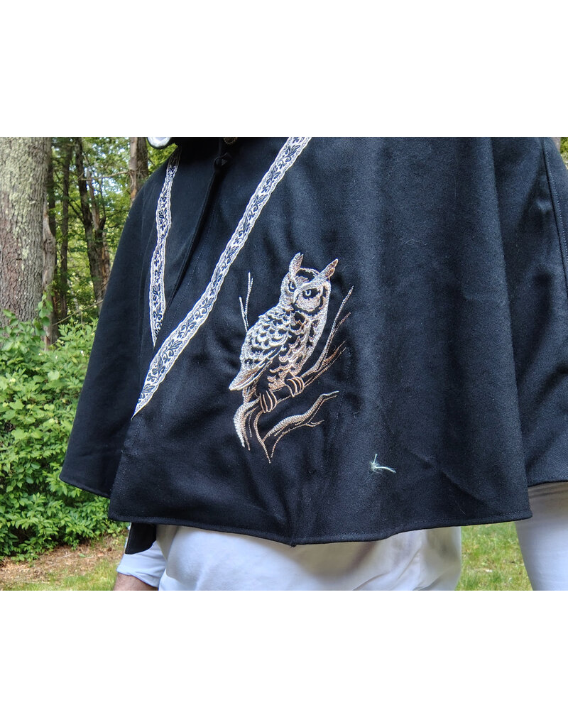 Cloakmakers.com 5711-Washable Black Wool Blend Cloak w/ Owl Embroidery & Owl Buttons