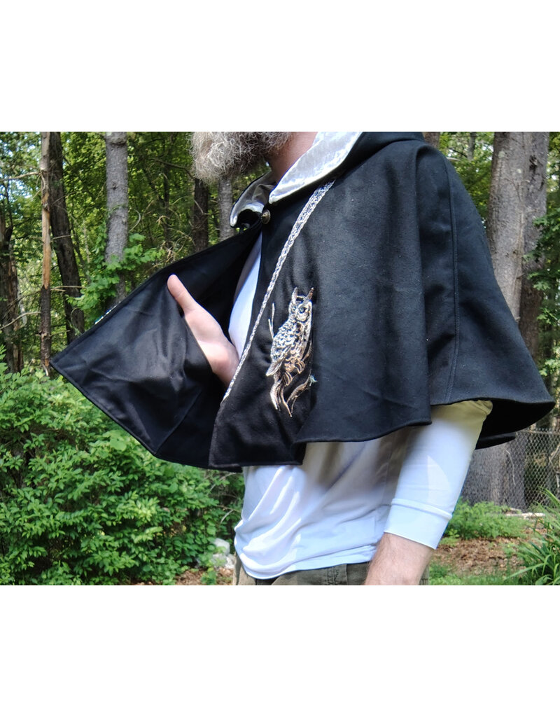 Cloakmakers.com 5711-Washable Black Wool Blend Cloak w/ Owl Embroidery & Owl Buttons