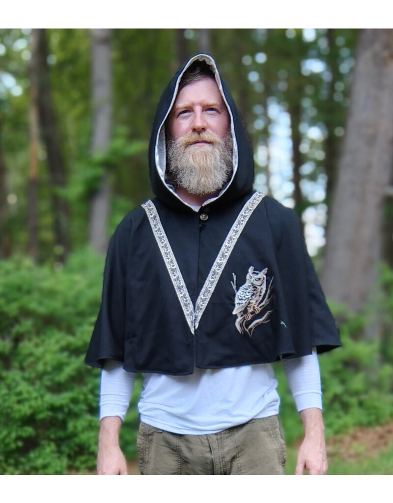 Cloakmakers.com 5711-Washable Black Wool Blend Cloak w/ Owl Embroidery & Owl Buttons