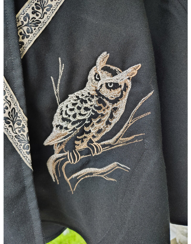 Cloakmakers.com 5711-Washable Black Wool Blend Cloak w/ Owl Embroidery & Owl Buttons