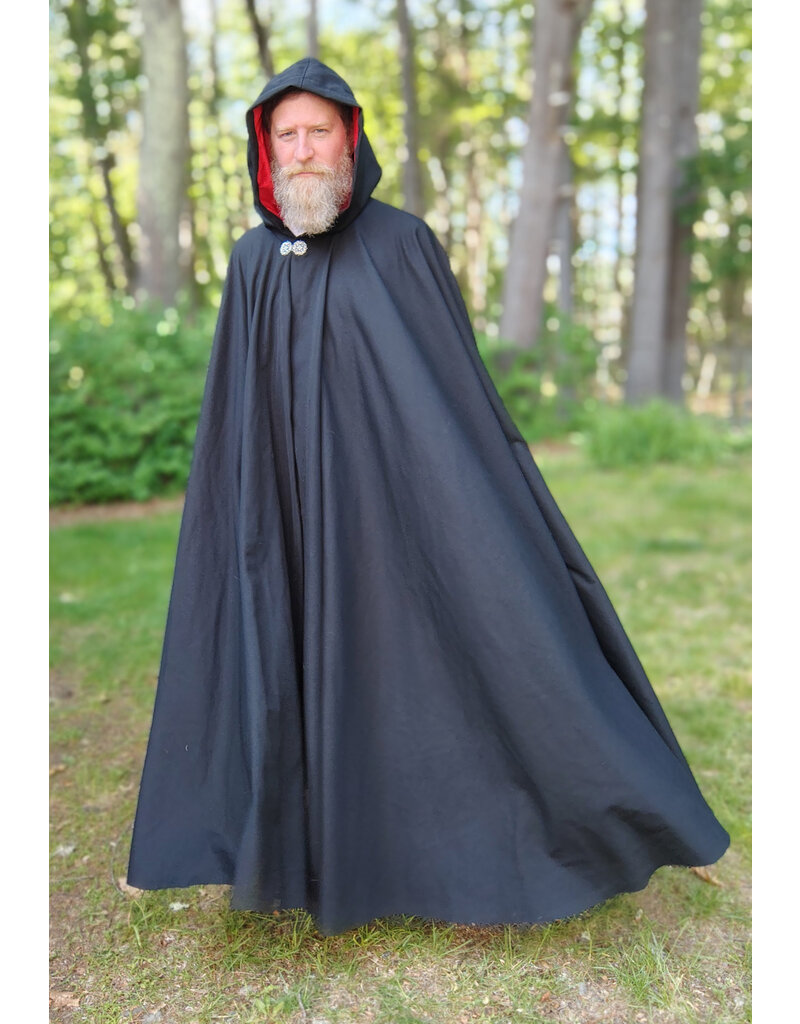 Cloakmakers.com 5718-Washable Black Wool Blend Cloak w/ Red Velveteen Hood Lining