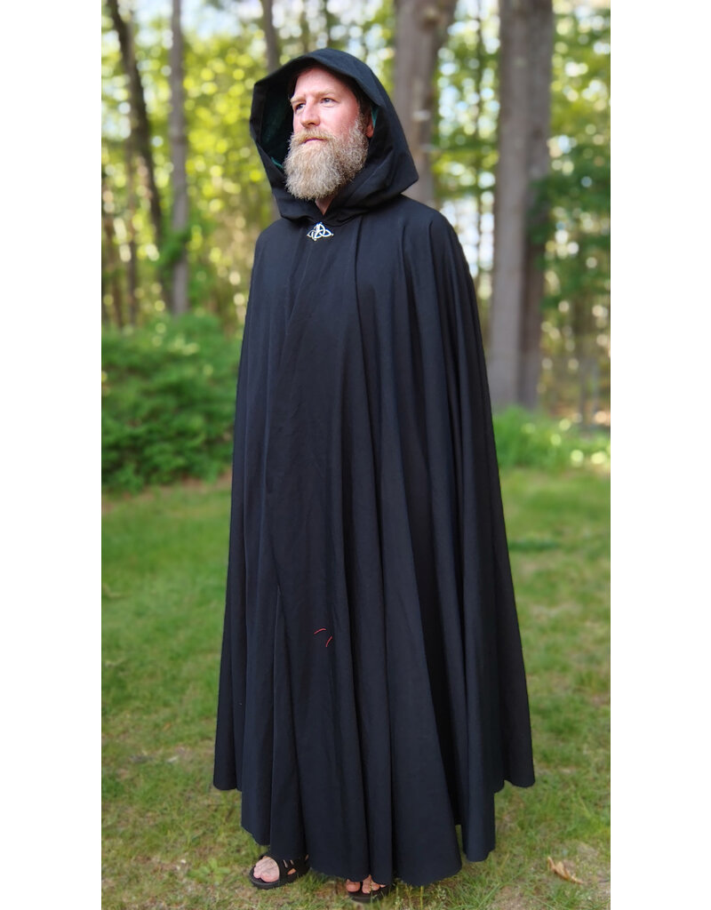 Cloakmakers.com 5719-Washable Black Wool Cloak w/ Dark Green Hood Lining & Triquetra Clasp