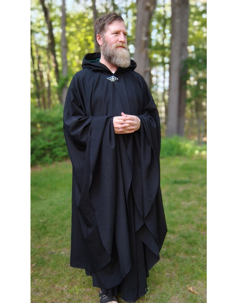Cloakmakers.com 5719-Washable Black Wool Cloak w/ Dark Green Hood Lining & Triquetra Clasp