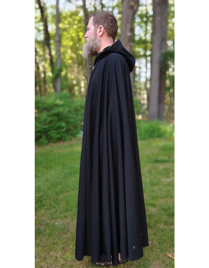 Cloakmakers.com 5719-Washable Black Wool Cloak w/ Dark Green Hood Lining & Triquetra Clasp