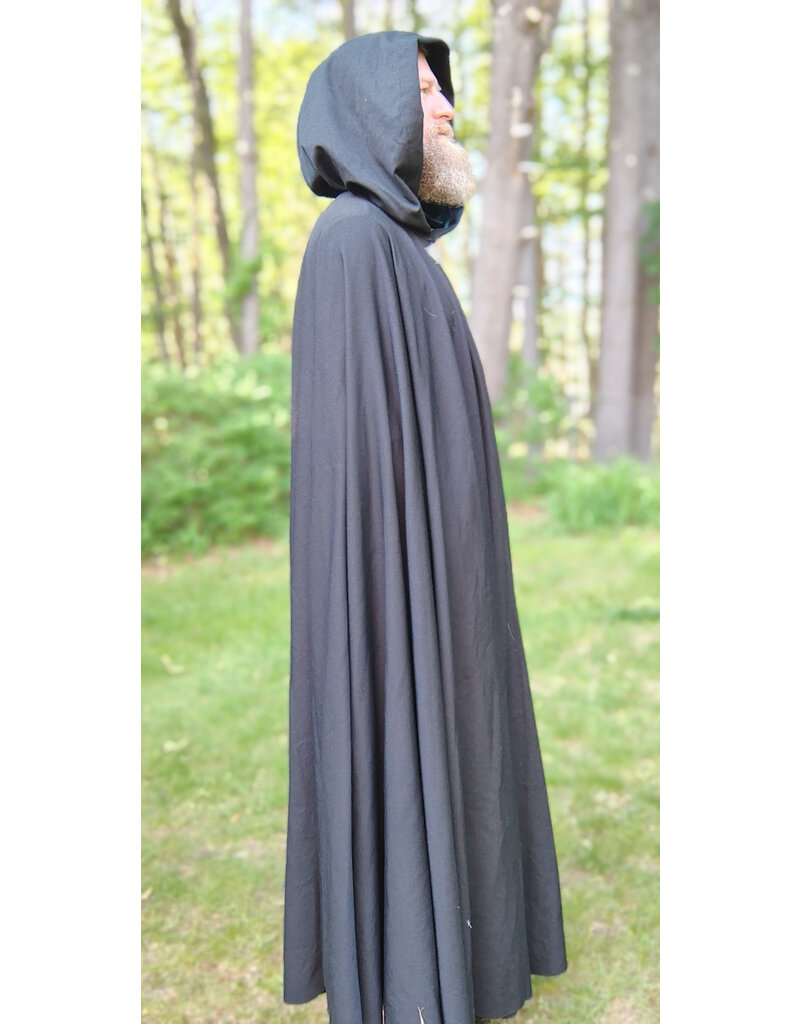 Cloakmakers.com 5719-Washable Black Wool Cloak w/ Dark Green Hood Lining & Triquetra Clasp
