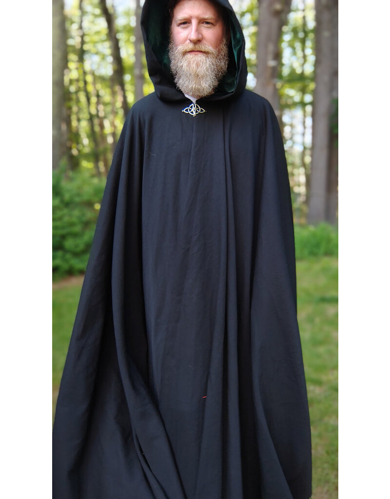 Cloakmakers.com 5719-Washable Black Wool Cloak w/ Dark Green Hood Lining & Triquetra Clasp