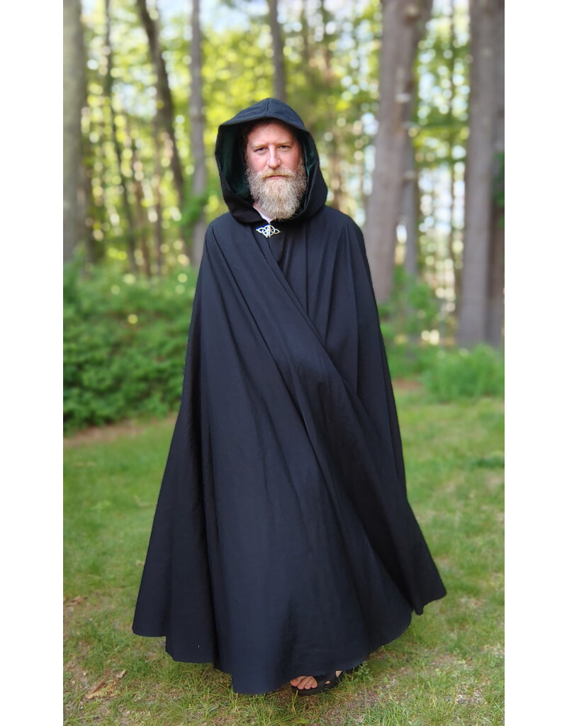 Cloakmakers.com 5719-Washable Black Wool Cloak w/ Dark Green Hood Lining & Triquetra Clasp