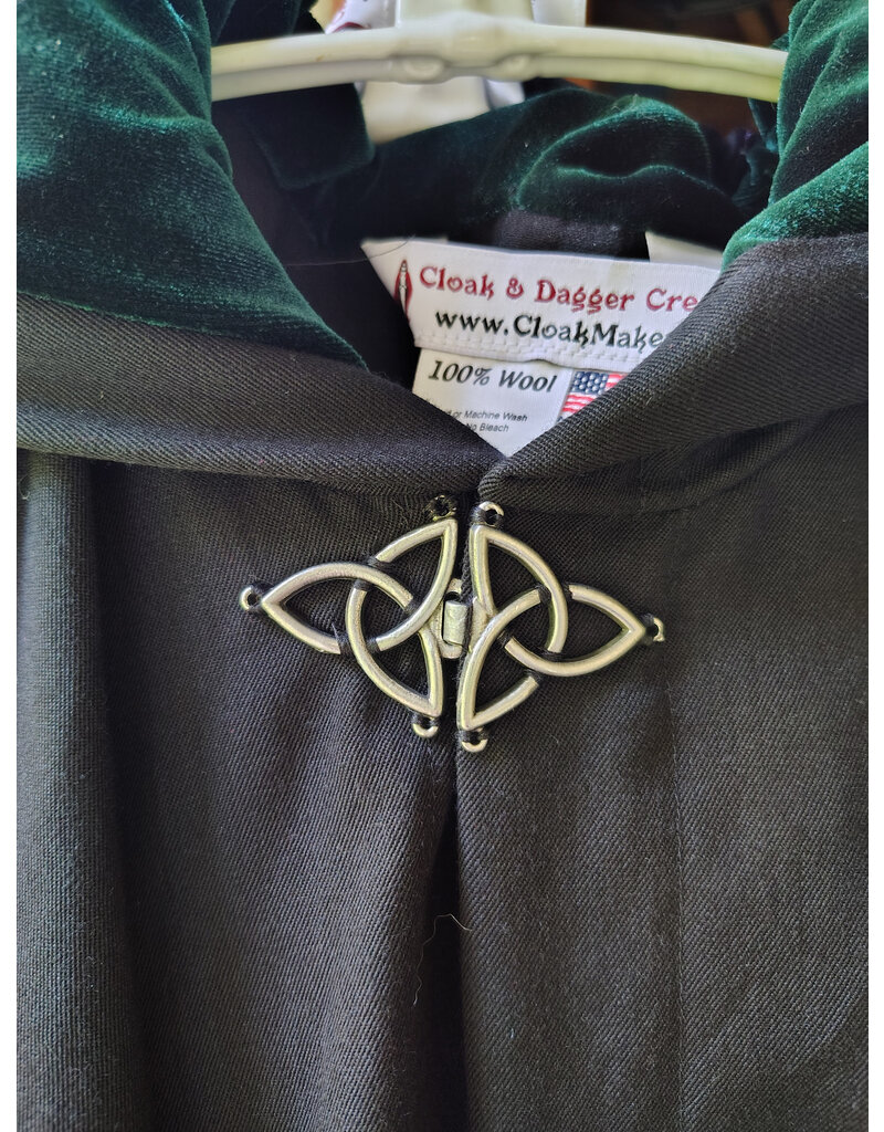 Cloakmakers.com 5719-Washable Black Wool Cloak w/ Dark Green Hood Lining & Triquetra Clasp