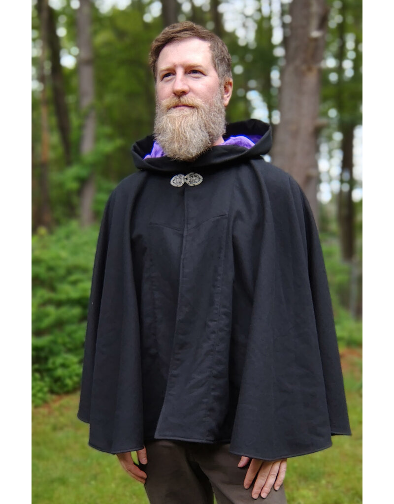 Cloakmakers.com 5721-Washable Black Cotton Cloak w/ Purple Sword & Ivy Rose Embroidery & Hood Lining