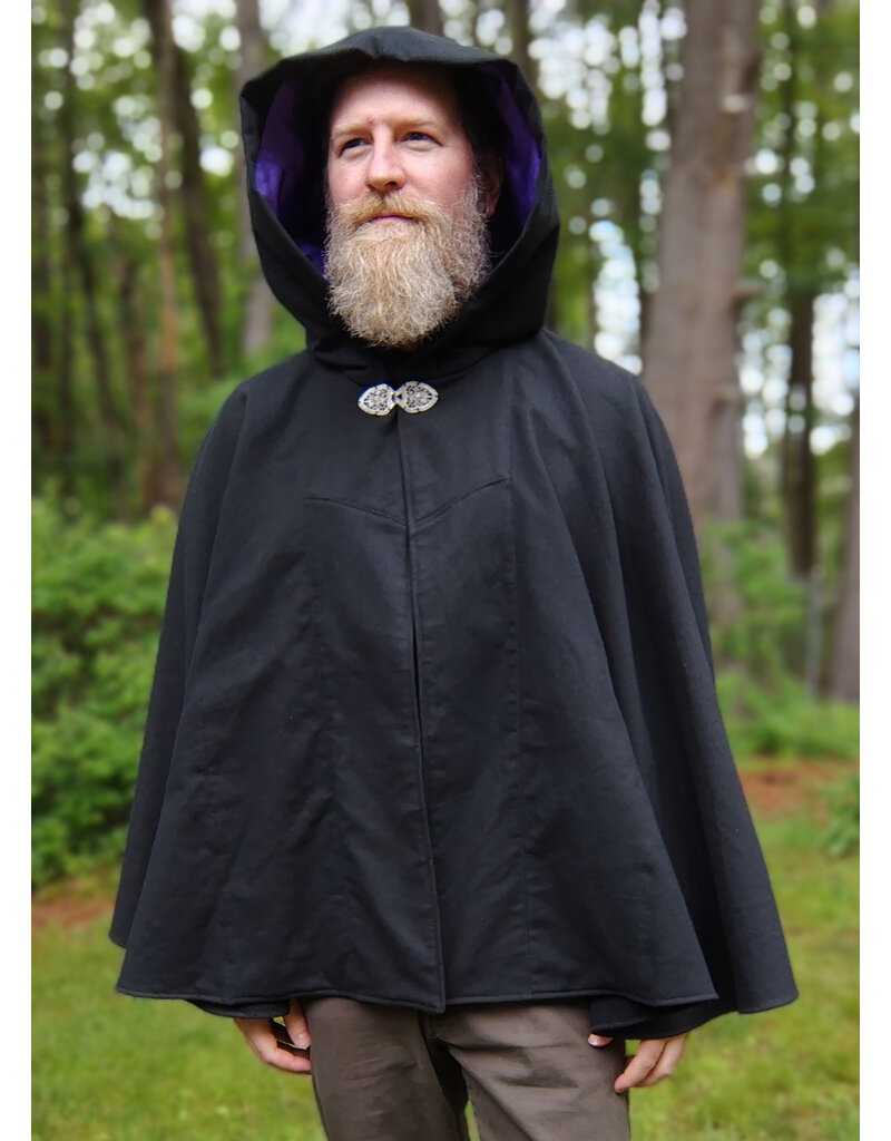 Cloakmakers.com 5721-Washable Black Cotton Cloak w/ Purple Sword & Ivy Rose Embroidery & Hood Lining