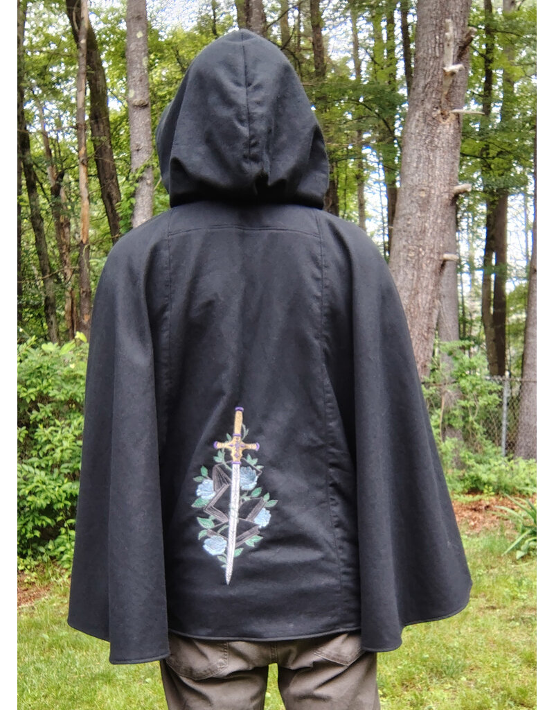 Cloakmakers.com 5721-Washable Black Cotton Cloak w/ Purple Sword & Ivy Rose Embroidery & Hood Lining