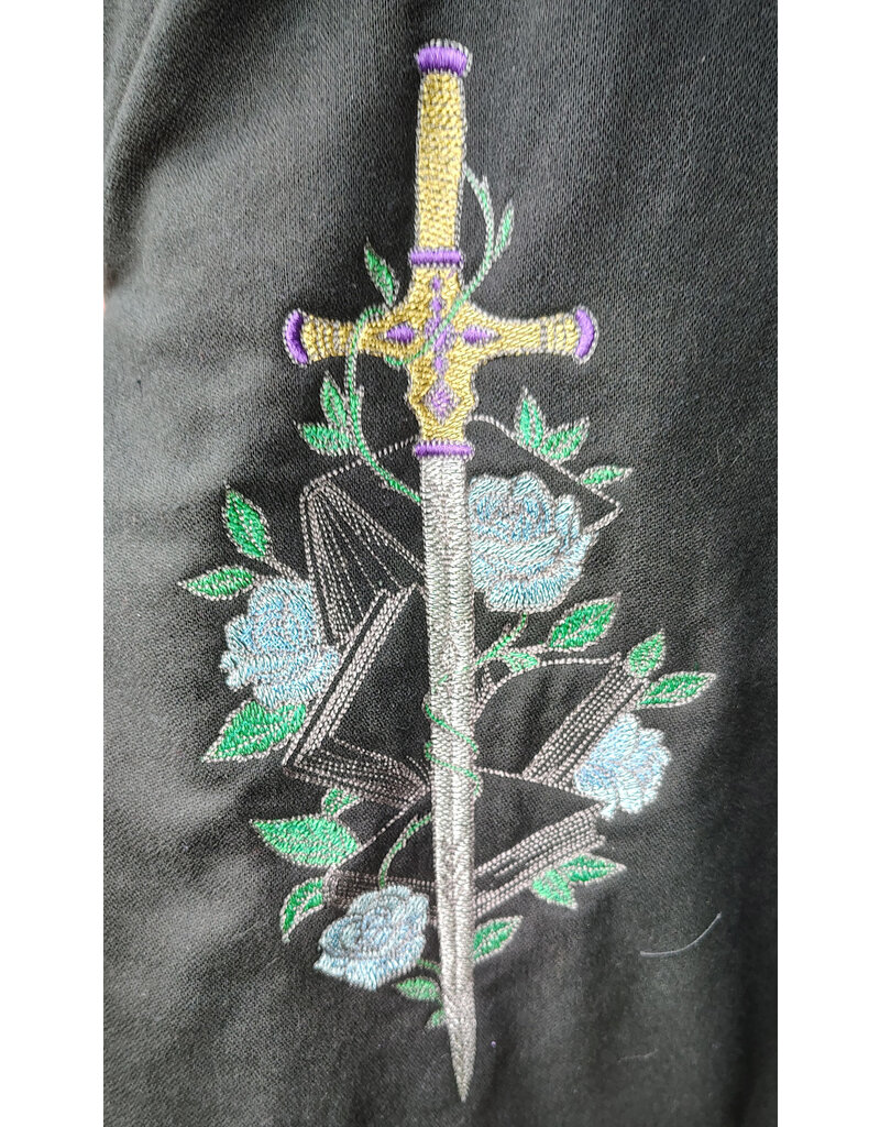 Cloakmakers.com 5721-Washable Black Cotton Cloak w/ Purple Sword & Ivy Rose Embroidery & Hood Lining