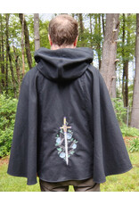 Cloakmakers.com 5721-Washable Black Cotton Cloak w/ Purple Sword & Ivy Rose Embroidery & Hood Lining