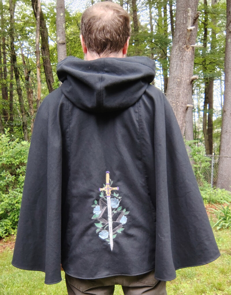 Cloakmakers.com 5721-Washable Black Cotton Cloak w/ Purple Sword & Ivy Rose Embroidery & Hood Lining