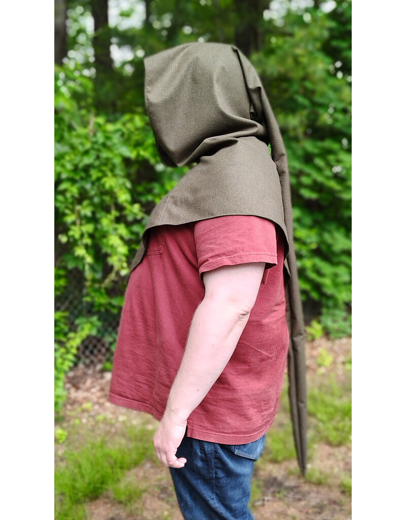 Cloakmakers.com H535-Ranger Green Wool Hooded Cowl w/ War & Peace Embroidery and Long Liripipe