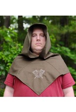 Cloakmakers.com H535-Ranger Green Wool Hooded Cowl w/ War & Peace Embroidery and Long Liripipe