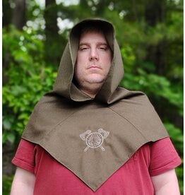Cloakmakers.com H535-Ranger Green Wool Hooded Cowl w/ War & Peace Embroidery and Long Liripipe