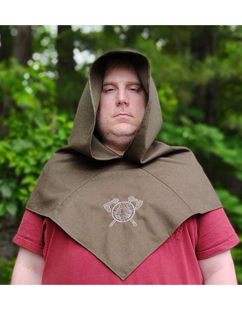 Cloakmakers.com H535-Ranger Green Wool Hooded Cowl w/ War & Peace Embroidery and Long Liripipe