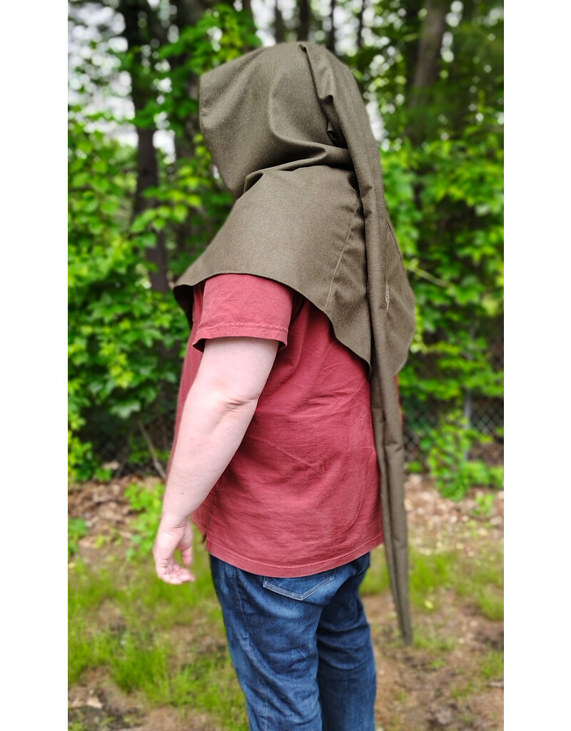 Cloakmakers.com H535-Ranger Green Wool Hooded Cowl w/ War & Peace Embroidery and Long Liripipe