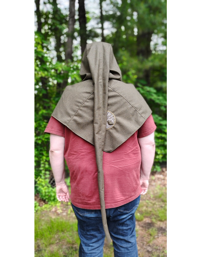 Cloakmakers.com H535-Ranger Green Wool Hooded Cowl w/ War & Peace Embroidery and Long Liripipe