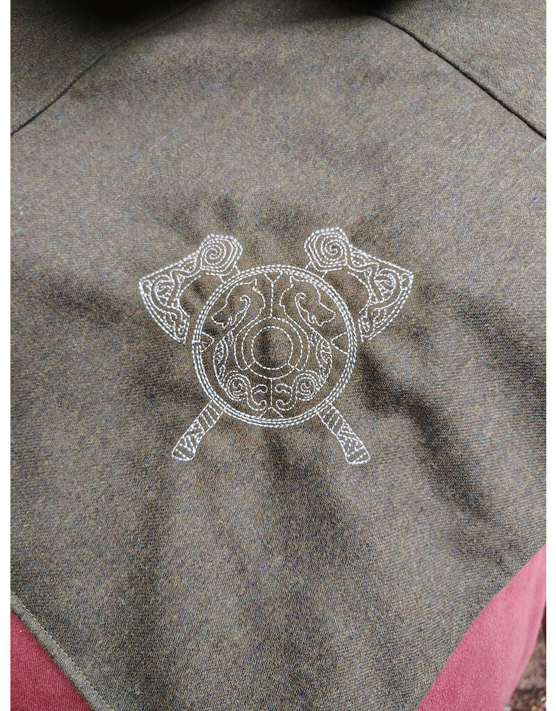 Cloakmakers.com H535-Ranger Green Wool Hooded Cowl w/ War & Peace Embroidery and Long Liripipe