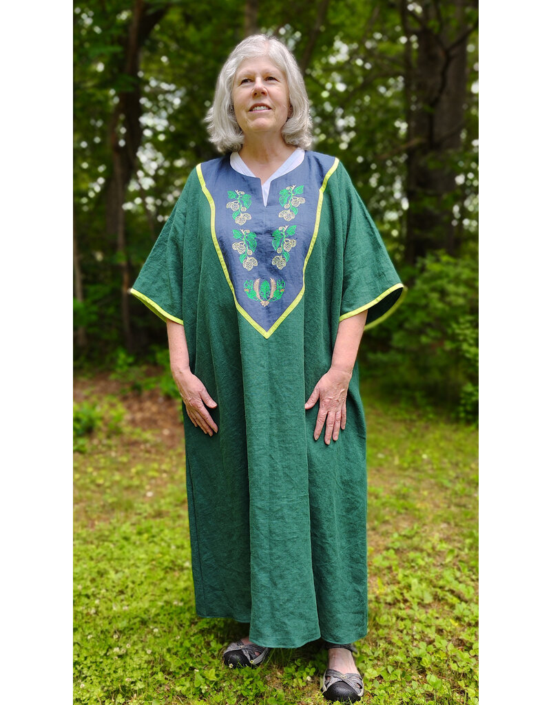 Cloakmakers.com G1194-Unisex Green Linen Tunic, Washable, w/Hops Embroidery & Pockets