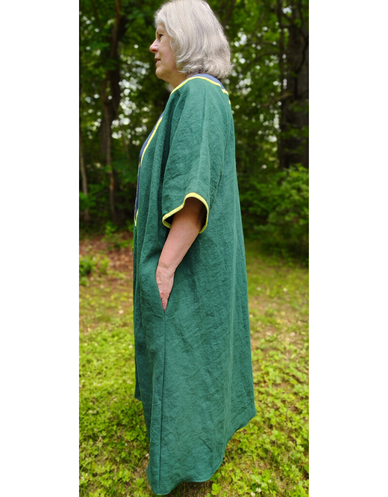 Cloakmakers.com G1194-Unisex Green Linen Tunic, Washable, w/Hops Embroidery & Pockets